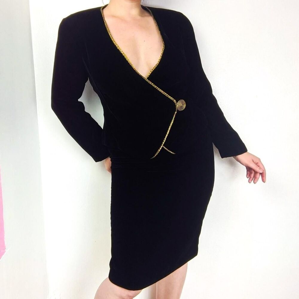 Vintage 1980s Deadstock Talbots Sexy Black Velvet Two Piece Skirt Suit Set